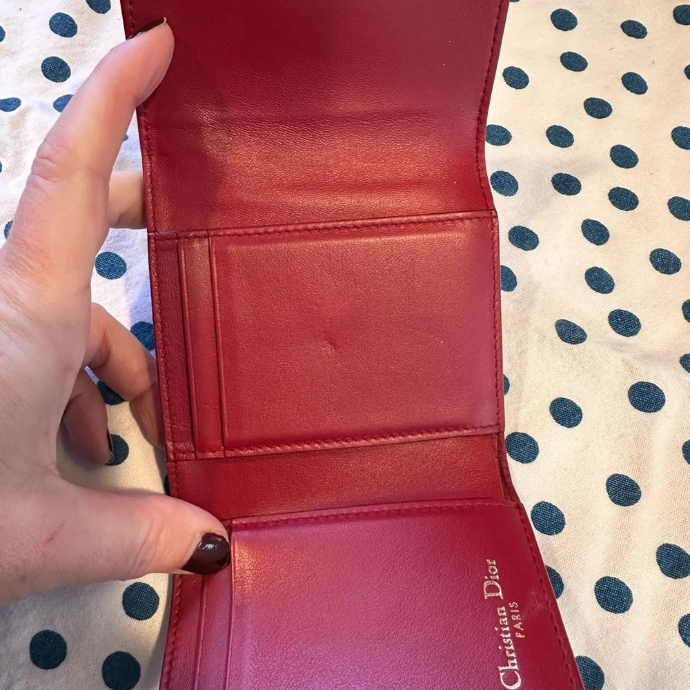 CHRISTIAN DIOR cherry patent leather wallet / card holder. Gold accents.